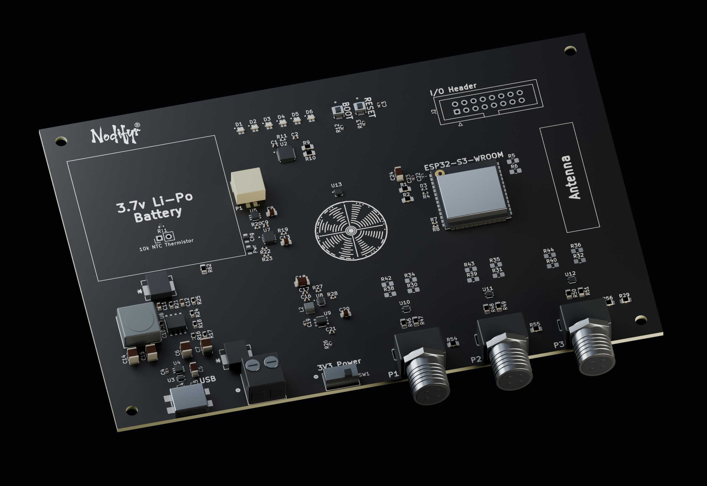Black ESP32 sensor platform PCB, with USB-C and external power at one end of the connector edge, three circular ports alongside, a battery reservation and an externally connected radio module.