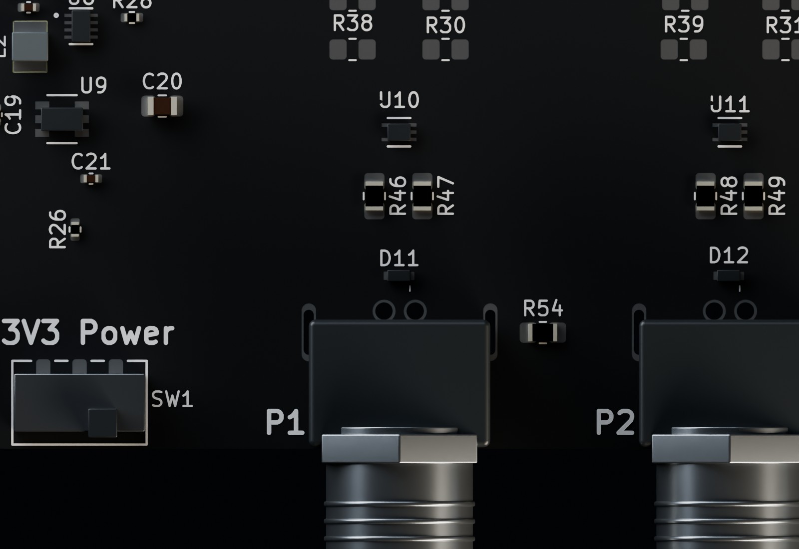 Close view of port P1 and its nearby series elements, signal-protection array and peripheral-supply protection.